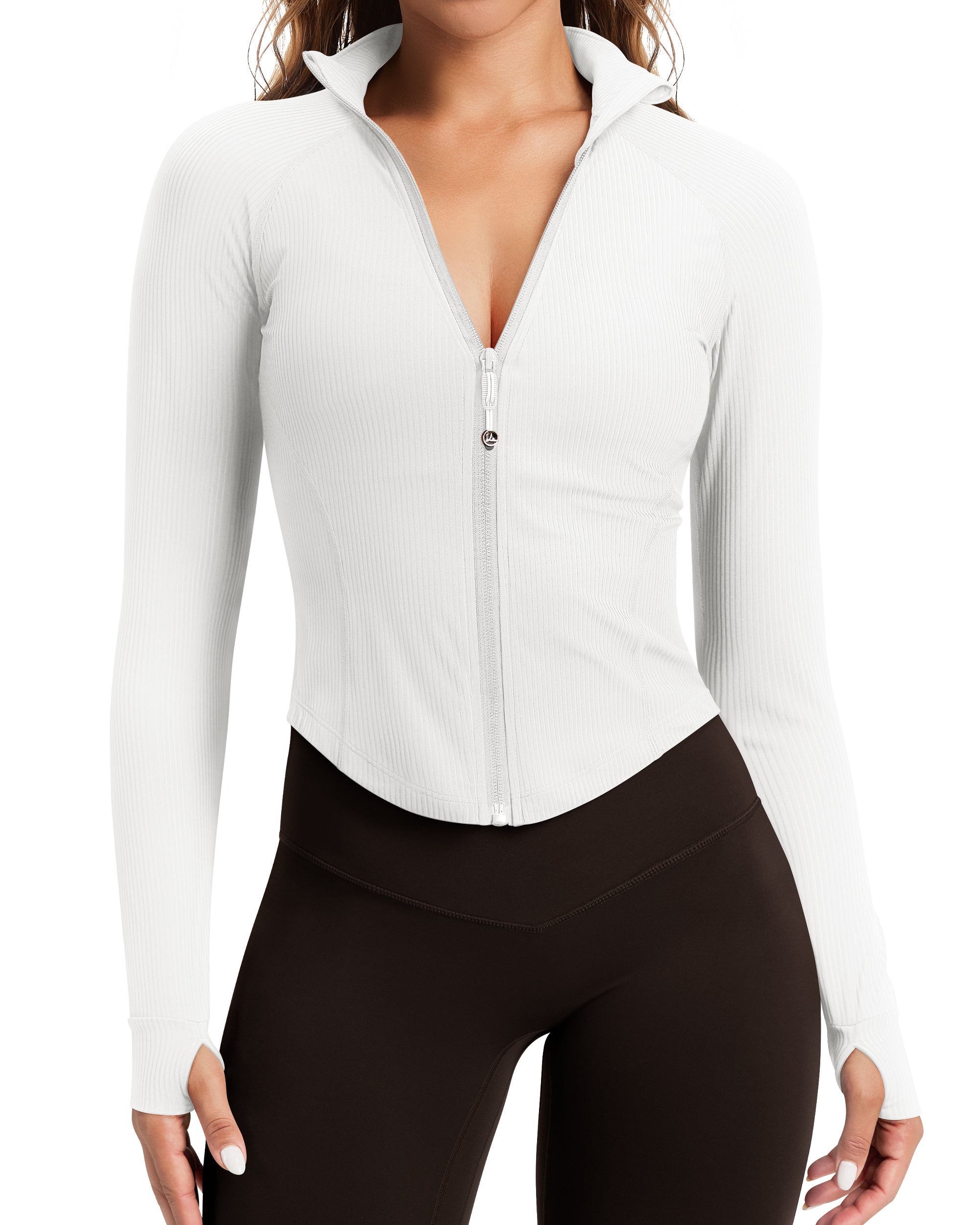 Women's Cropped Workout Jackets - Zip Up Long Sleeves -240203