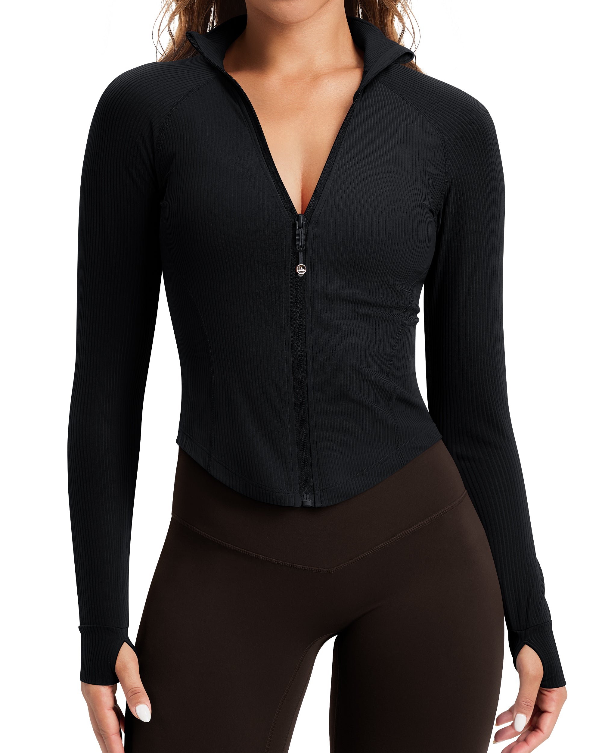 Women's Cropped Workout Jackets - Zip Up Long Sleeves -240203