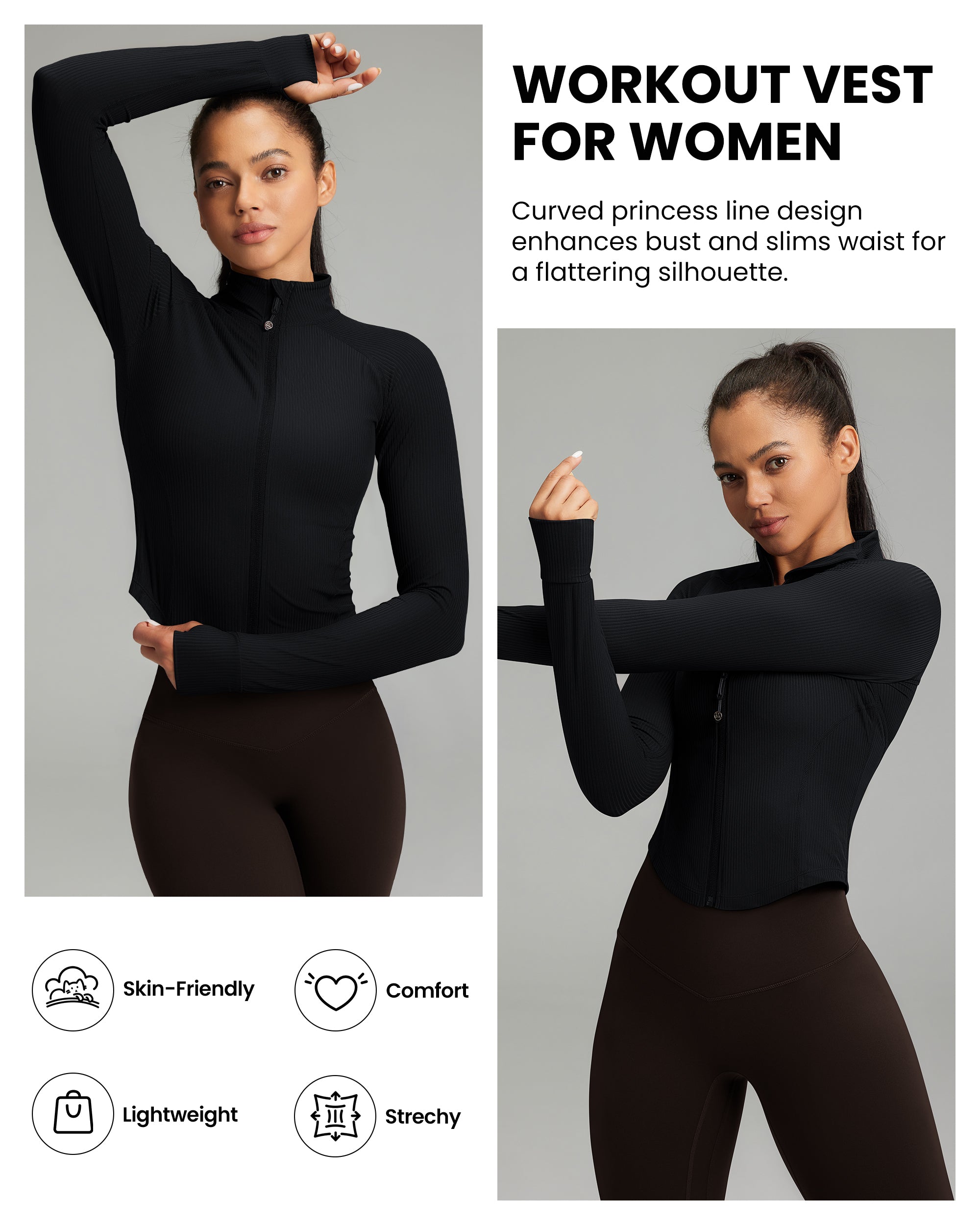 Women's Cropped Workout Jackets - Zip Up Long Sleeves -240203