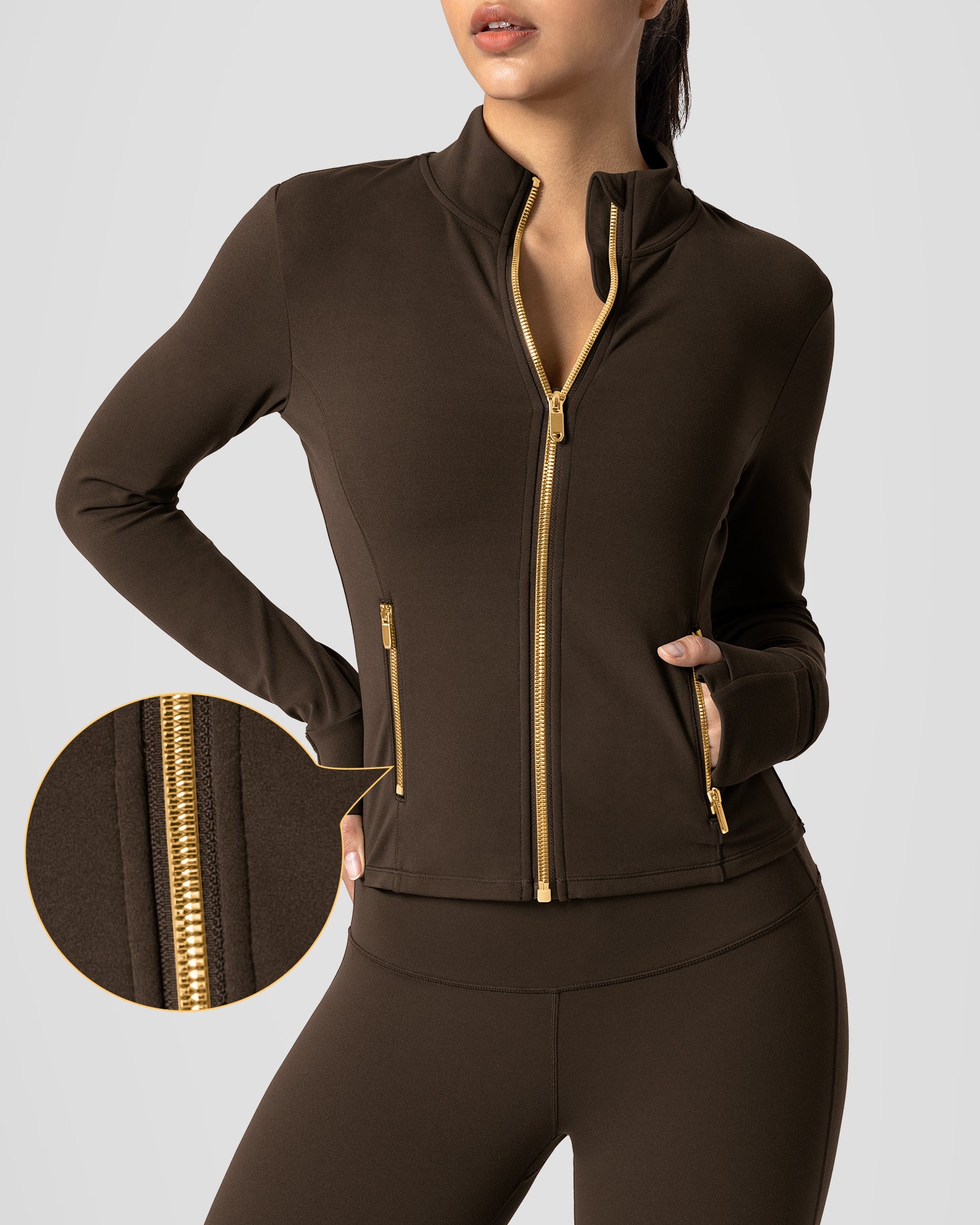 Bareluxe Golden Zipper Workout Jacket for Women with Pockets 257703