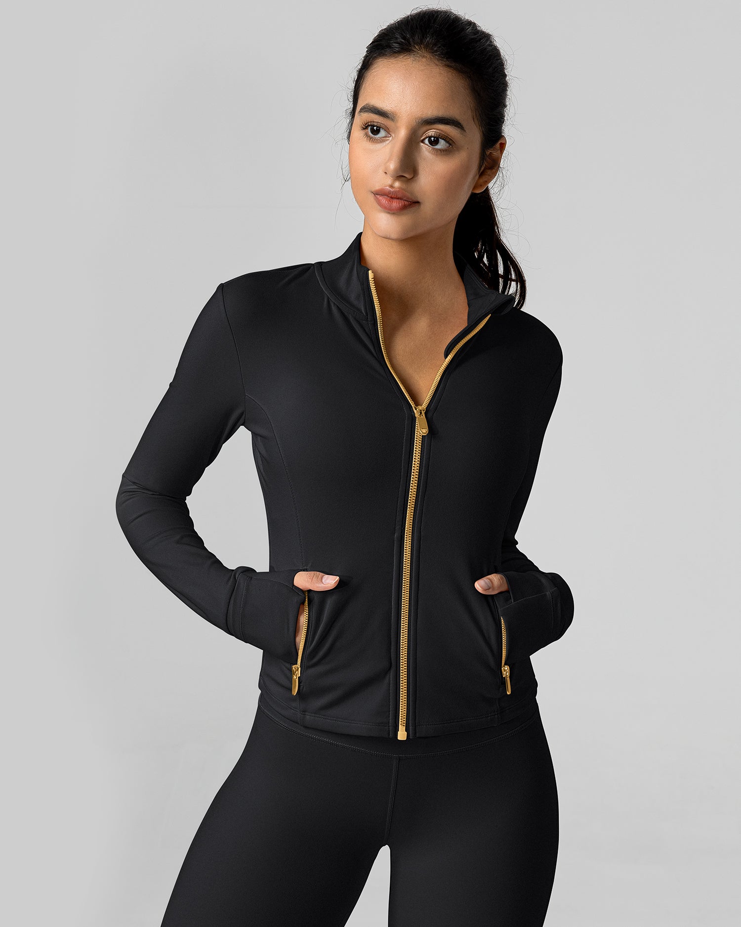 Bareluxe Golden Zipper Workout Jacket for Women with Pockets 257703