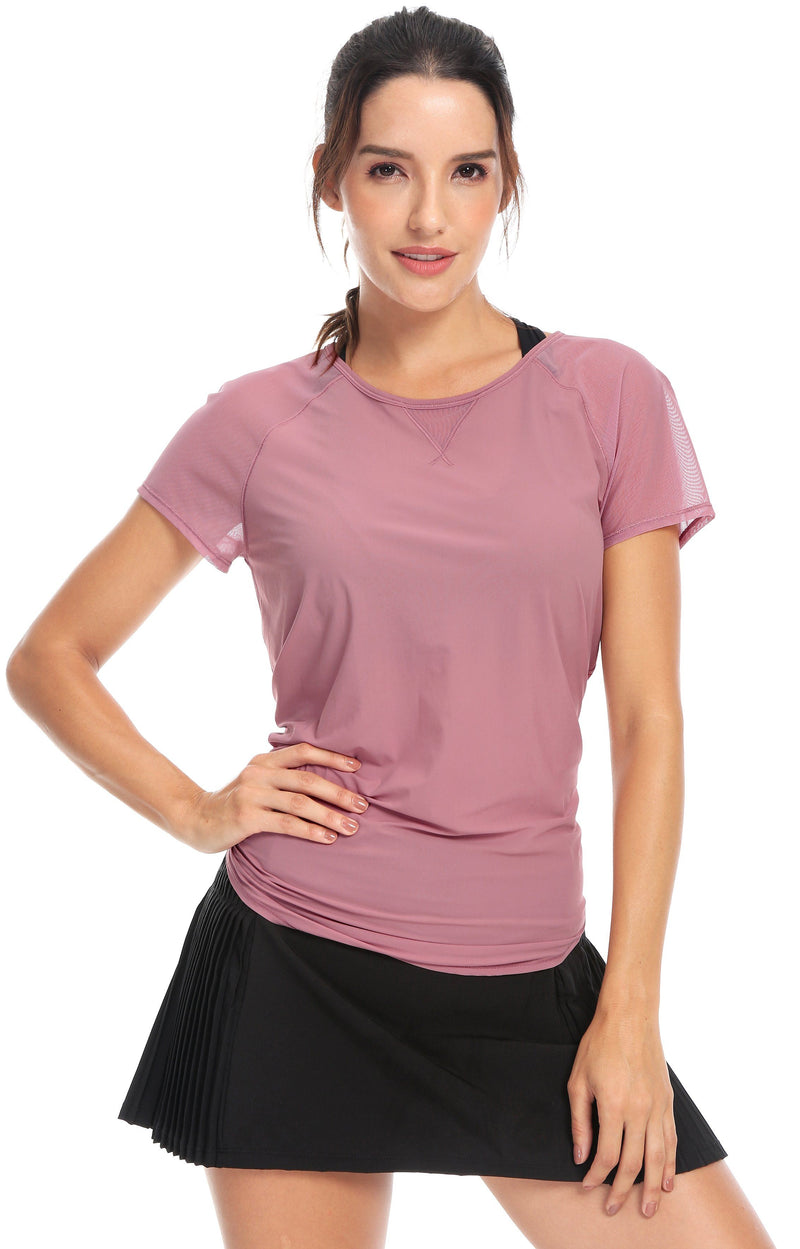 Women Yoga Tied Up Mix & Mesh Short Sleeve T-shirt Sports Tee - Queenie Ke