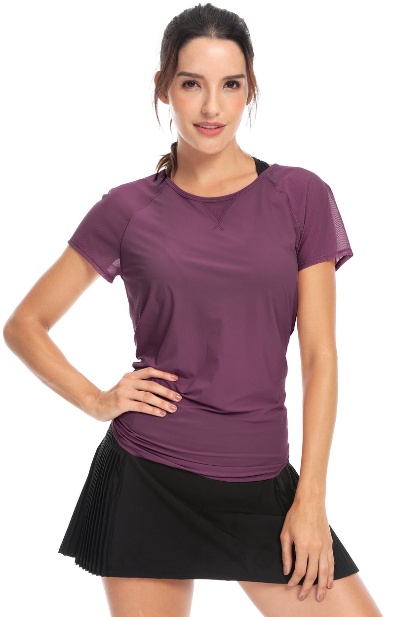 Women Yoga Tied Up Mix & Mesh Short Sleeve T-shirt Sports Tee - Queenie Ke