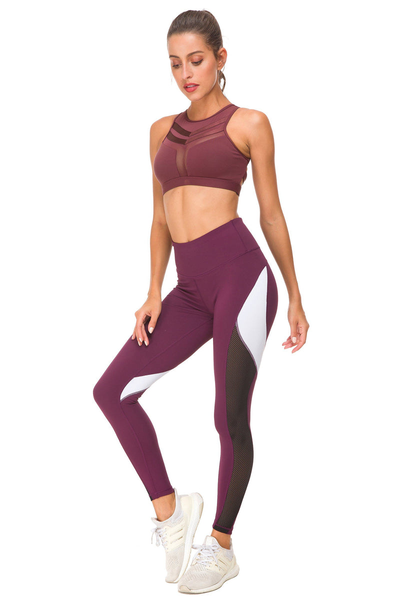 Black net color block color yoga pants - red