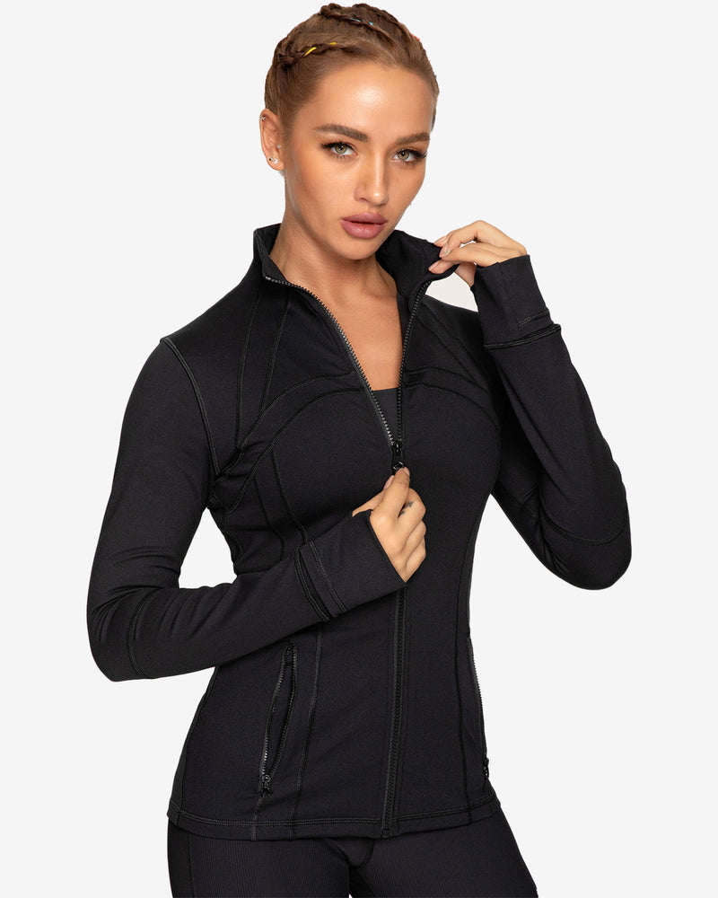 Tangerine Women's Active Rib Trim Zip Up Light Jacket With Pockets (Black,  S) 
