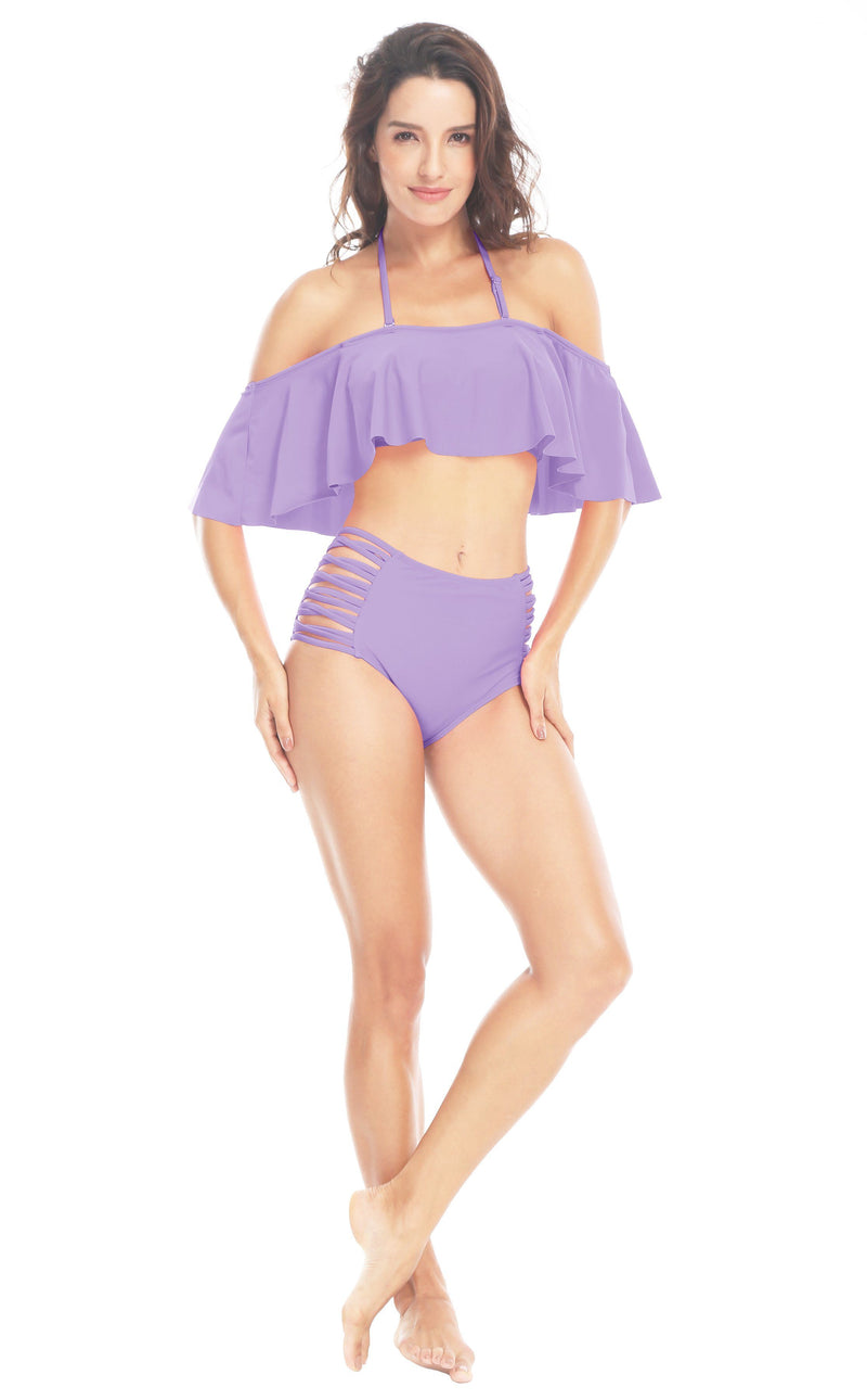 Womens Swimsuit Two piece Shirred High Waist Tummy Control Bikini - Queenie Ke