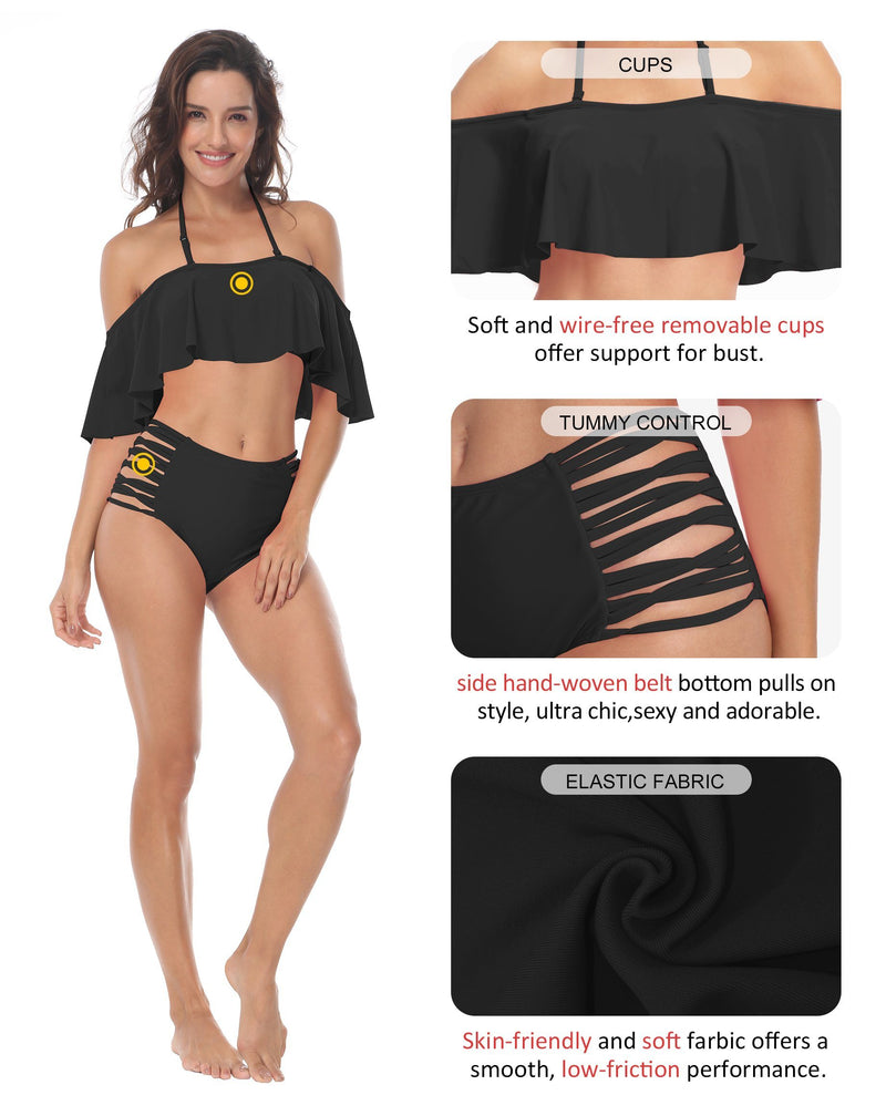 Womens Swimsuit Two piece Shirred High Waist Tummy Control Bikini - Queenie Ke
